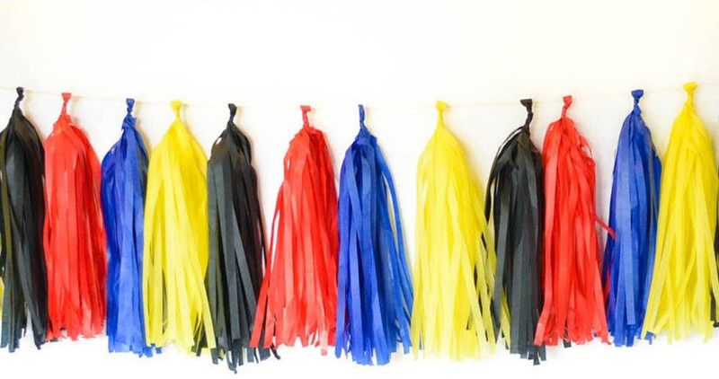 DECOR MY PARTY (20 Pcs., 8 Mtr.) Paper Tassel for Decoration, Paper Tassels Garland, Paper Tassel for Party, Paper Tassels, Birthday Decoration items - Black, Red, D.Blue & Yellow Pennant Flag  (40 ft, Pack of 20)