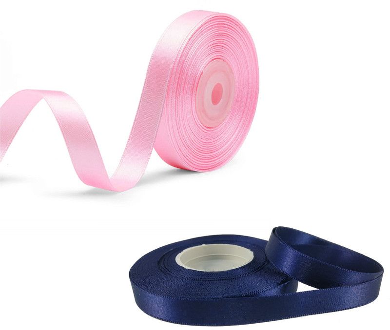 Adhvik Pack of 2 (1.2cm X 18 Mtr) Satin Ribbon for Party Decoration (peach & Dark Blue) Multicolor Satin Ribbon  (Pack of 2)