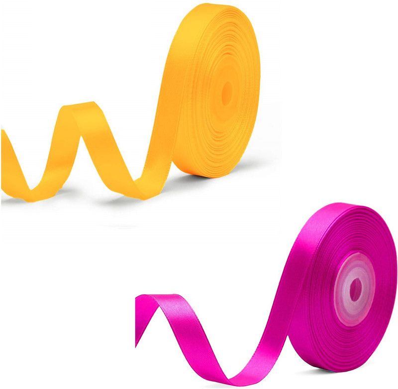 Adhvik Pack of 2 (1.2cm X 18 Mtr) Satin Ribbon for Party Decorations (Pink & yellow) Multicolor Satin Ribbon  (Pack of 2)