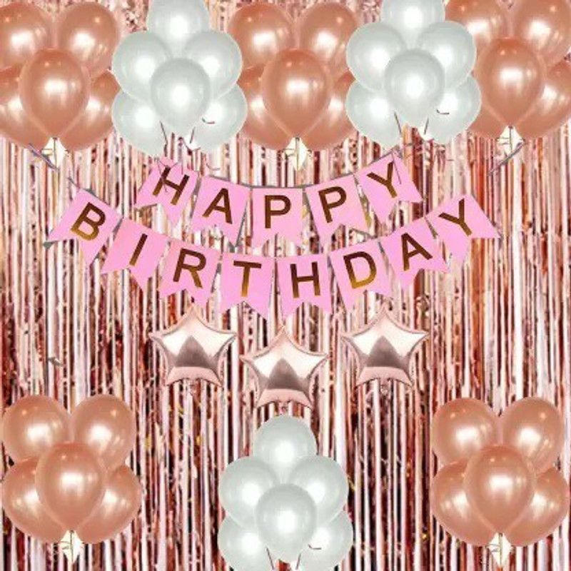 Prihit Solid Happy birthday set +20 Pink, 20 White Balloons +2 Foil +3 Star Balloon  (Multicolor, Pack of 54)