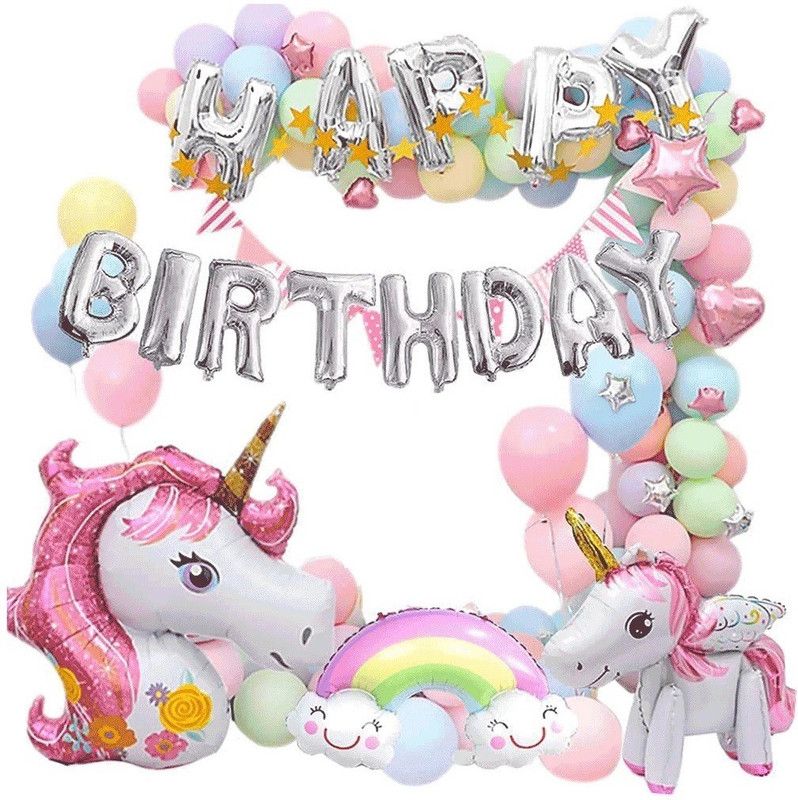 Bash N Splash Printed Happy Birthday Set Magical Unicorn Balloon Pastel Balloon 4D Unicorn & Rainbow Balloon  (Multicolor, Pack of 65)