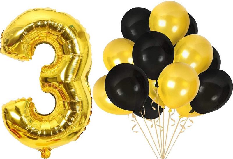 Acril Solid 3rd Birthday Baby Girl/Boy Decoration Combo. Number Foil Balloon(1pc) and Gold & Black Metallic Balloons (10pc) Set 11pcs Balloon  (Black, Gold, Pack of 11)