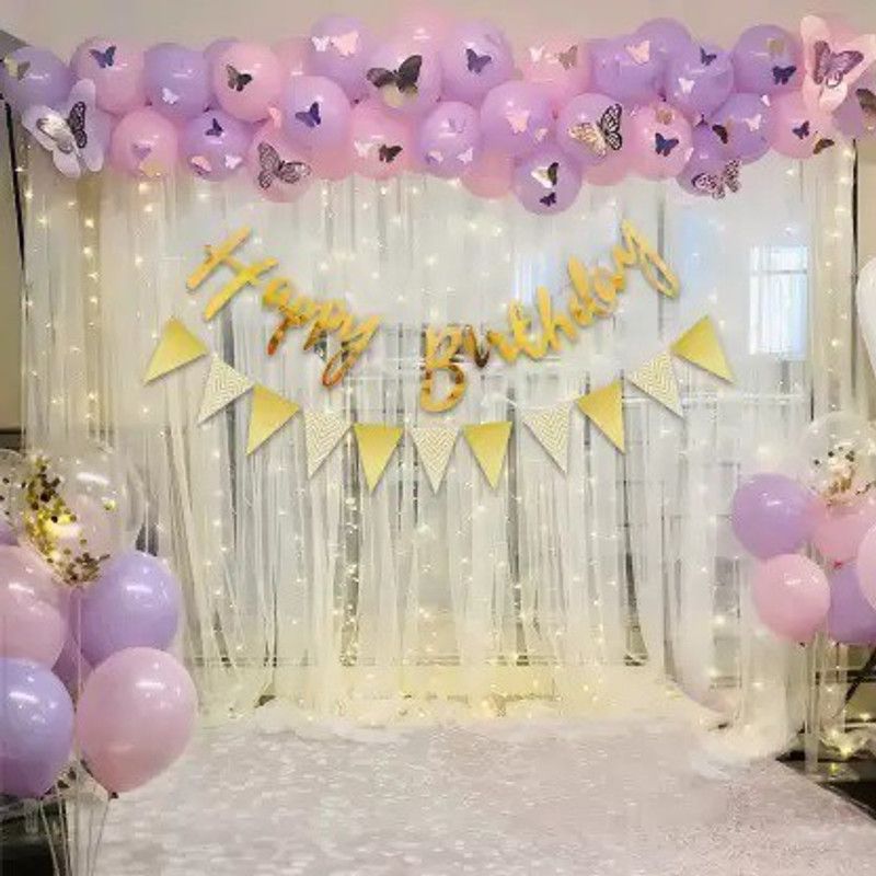 Prihit Solid Happy birthday set +35 Purple, 35 Pink Balloons +1 LED +2 Foil +1 Arch Balloon  (Multicolor, Pack of 81)