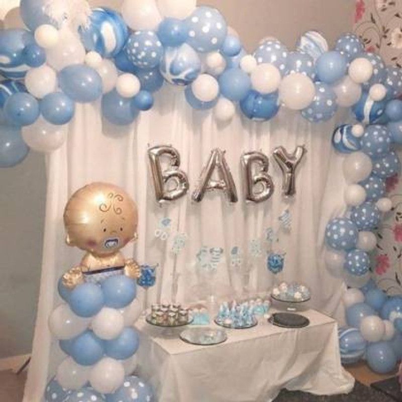 Yash Enterprises Printed Blue White Dotted Balloon with Silver Baby Foil Balloon Set of 107pcs Balloon  (White, Blue, Pack of 107)