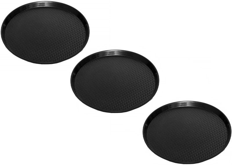 Everbuy Unbreakable Antiskid Quality Modern Design Round Shaped Food Grade Plastic Serving Tray Set for Home Kitchen Restaurant Use (Size 35 cm) Black Tray  (Pack of 3)