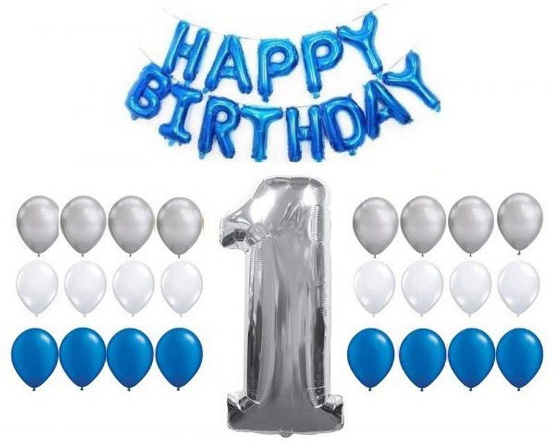 Bash N Splash Solid Blue & Silver 1st Happy Birthday Party Decoration Pack (Pack of 74) Balloon  (Multicolor, Pack of 74)