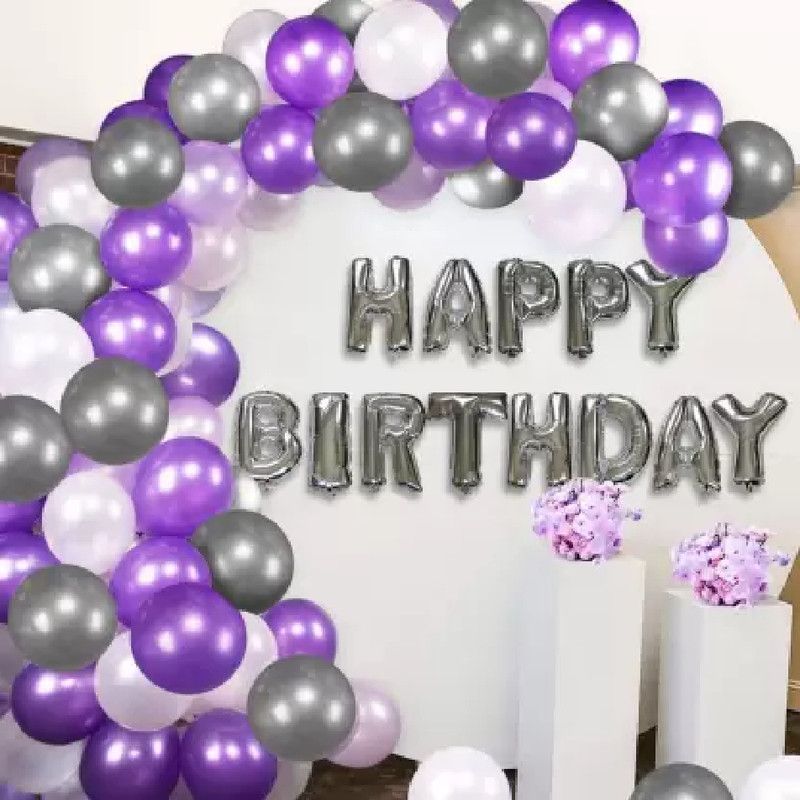 Occasion Makers Printed Happy Birthday Foil Balloon Set with 30 HD Metallic Balloons Kit Balloon Balloon  (Silver, Purple, Pack of 44)