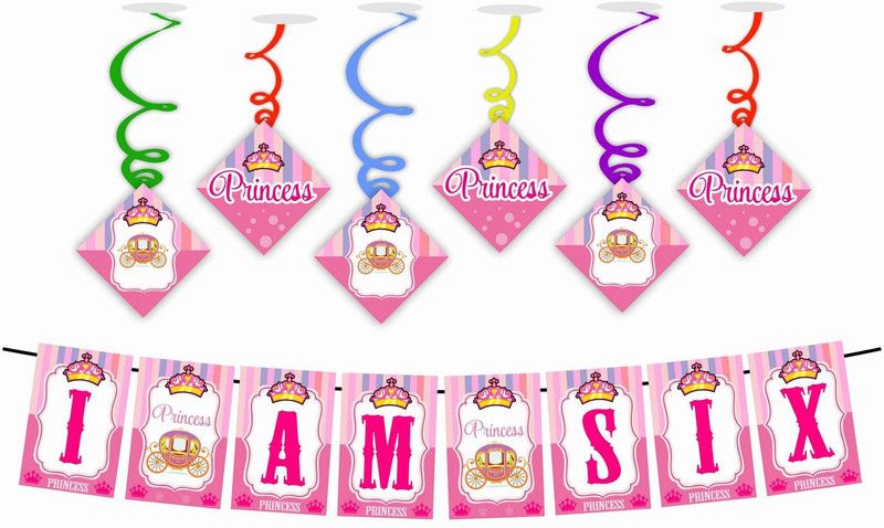 Balloonistics Princess Theme I am Six Kids 6th Birthday Banner and Swirls for Kids Birthday Decoration Backdrop Photo Shoot Backdrop and Theme Party 1 Banner and 6 Swirls Banner  (6 ft, Pack of 1)