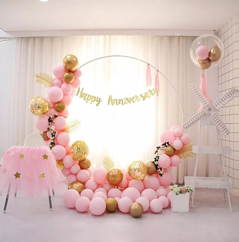 Bash N Splash Printed Golden Happy Anniversary Pastel Pink Balloon with Confetti Balloon & Golden Chrome Balloon, Anniversary Party balloon (Pack of 62) Balloon  (Gold, Pink, Pack of 62)