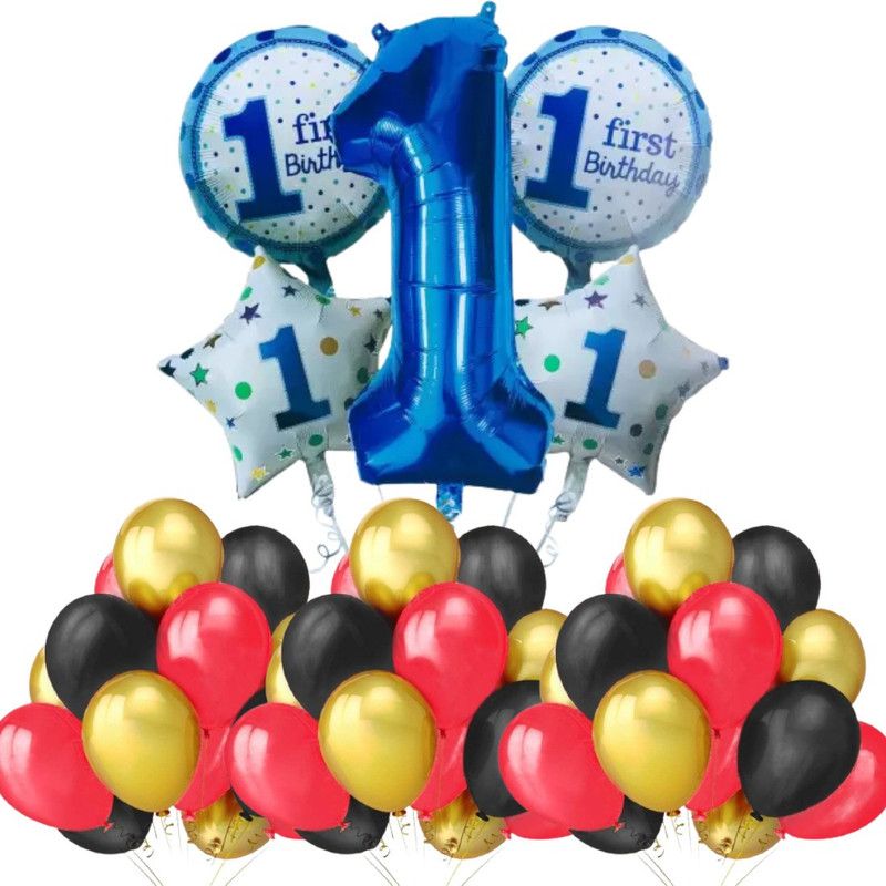B4 Printed First Birthday Boy Decoration Combo with 50 Gold,Red,Black Party Balloons Balloon  (Gold, Red, Black, Pack of 55)