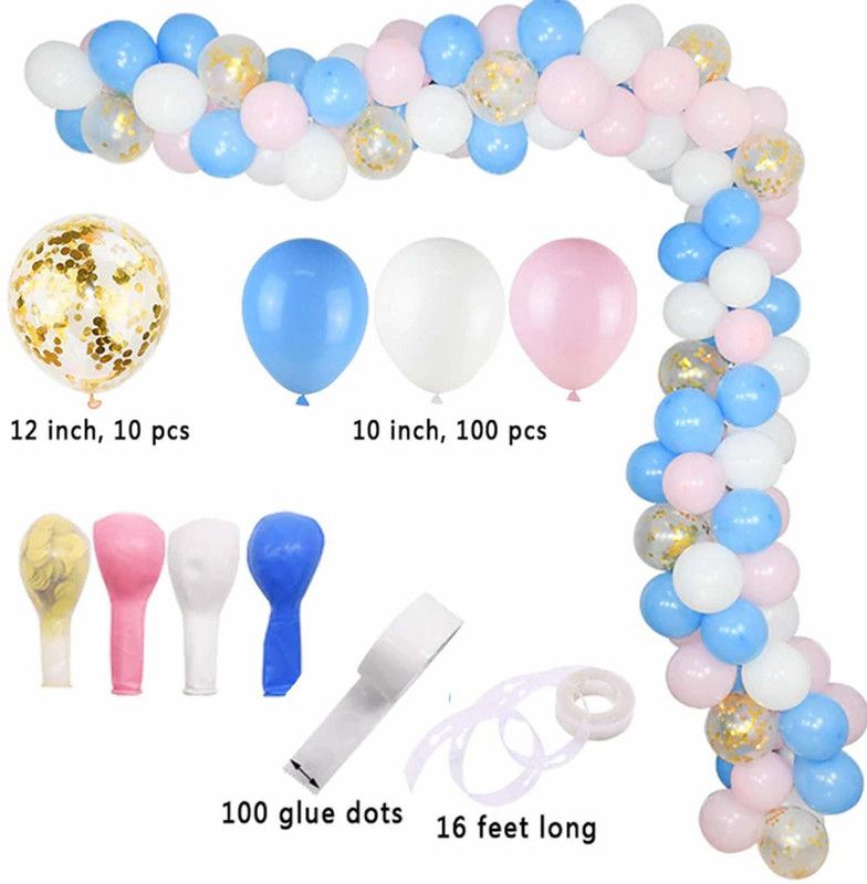 Bash N Splash Solid Pastel Pink Blue & White Balloon Garland Party Decoration With Golden Confetti balloon with Glue Dot & Arc Strip (Pack of 112) Balloon  (Blue, Pink, White, Gold, Pack of 112)