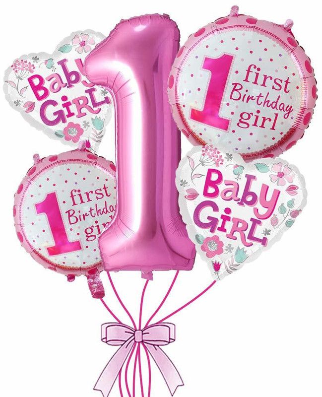 party assets Printed 1st Birthday Girl Theme Foil Balloon Set, Pink Balloon  (Pink, Pack of 5)