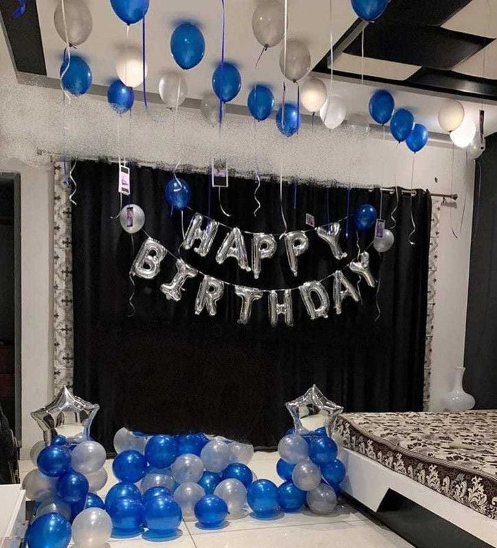 Vijeyanti Enterprises Solid Happy Birthday Foil Balloon with Star and High Metallic Blue and Silver Balloons. Perfect Birthday Combo Pack of 55. Balloon  (Silver, Blue, Pack of 55)