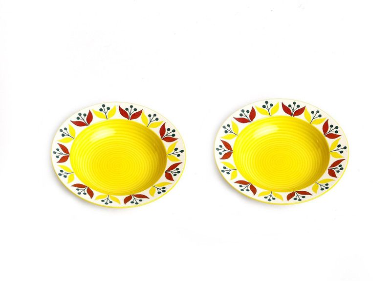caffeine Ceramic Handmade Yellow & Red Flower Print 9 inch Charger Plate  (Pack of 2, Microwave Safe)