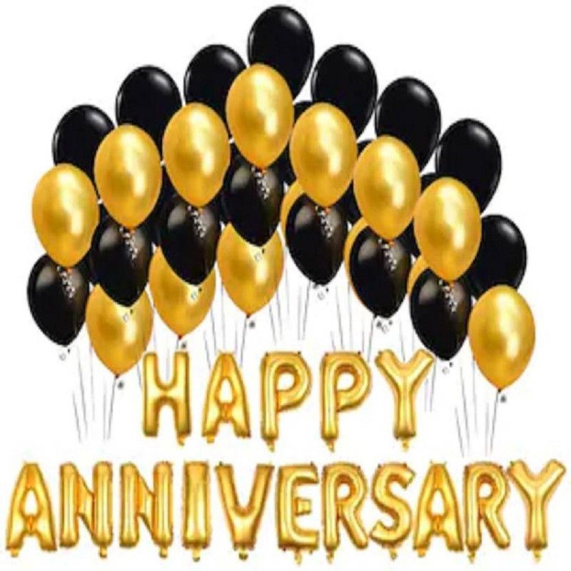 Trixzoom Solid HAPPY ANNIVERSARY SILVER (50 GOLD BLACK SILVER BALLON)+ 2 Silver Star+2 SILVER CURTAIN WITH PUMP PACK 71 Letter Balloon  (Multicolor, Pack of 71)