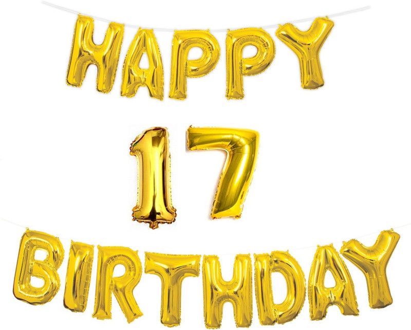 Almoda Creations Solid Golden Happy Birhtday Banner with 17 Number & Ribbon Letter Balloon  (Gold, Pack of 15)