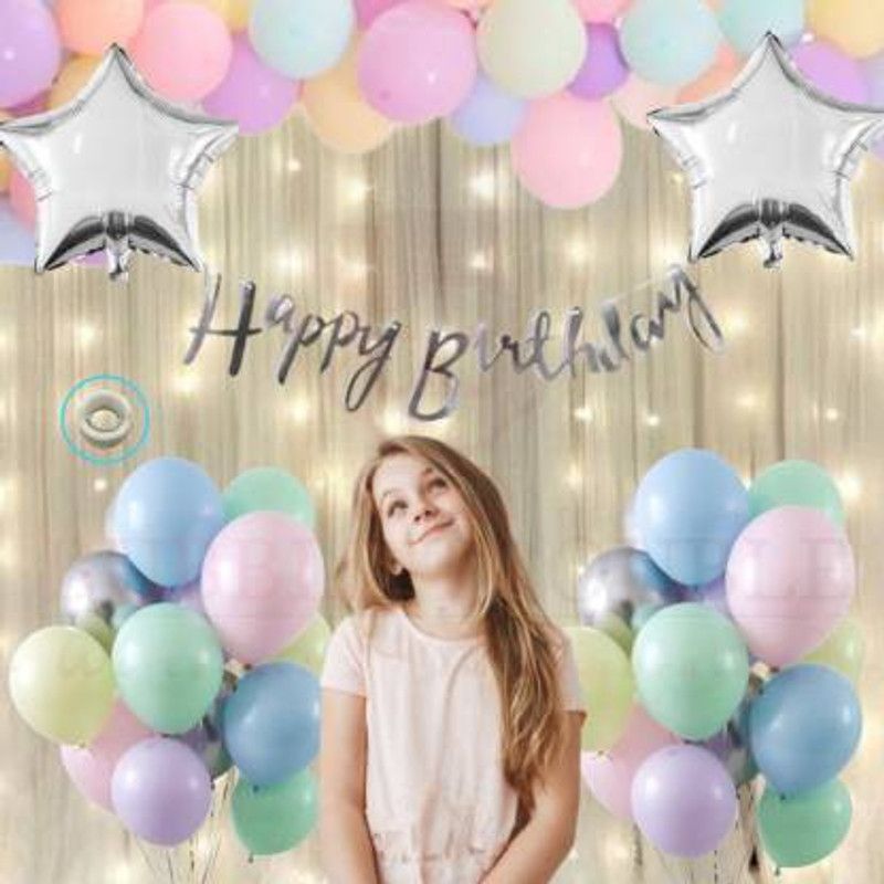 Juneja Enterprises Solid Happy Birthday Pastel Balloons Decoration Kit Balloons, Fairy Light, Happy Bithday Banner With Foil Star Balloon  (Multicolor, Pack of 66)