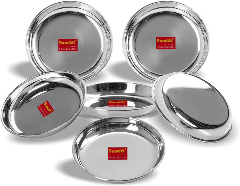Sumeet Stainless Steel Heavy Gauge Medium Halwa Plates with Mirror finish 17cm Dia - Set of 6pc Quarter Plate  (Pack of 6)