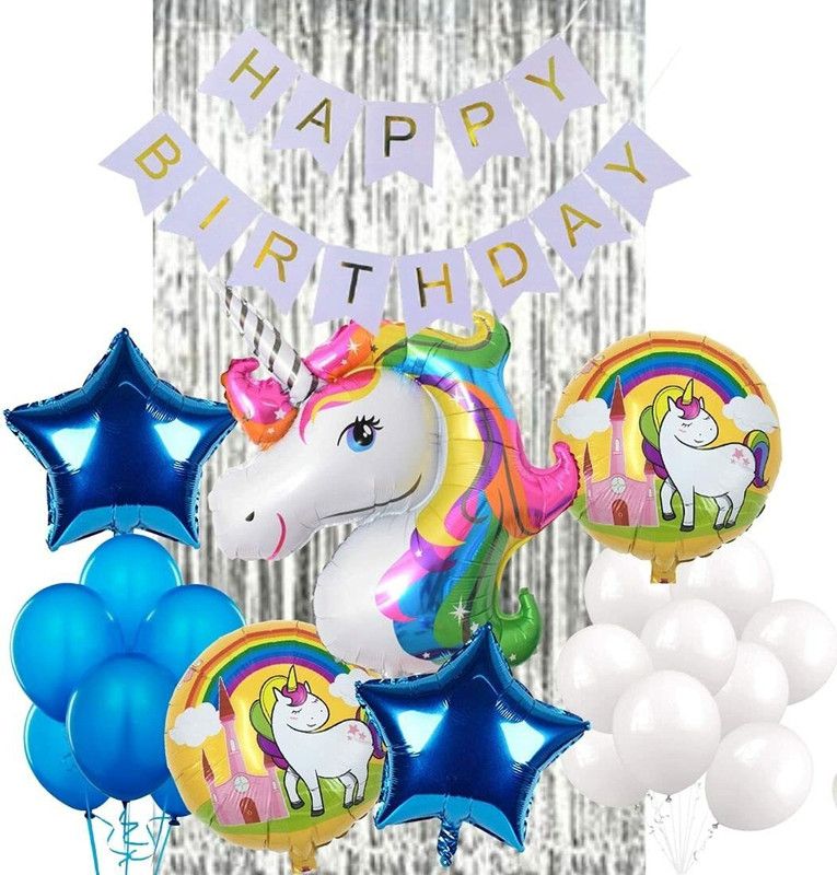 MAANAAS Solid Unicorn-Theme B'day Decoration Banner,Unicorn,30 Blue,White Balons, Curtain,Star Balloon  (Multicolor, Pack of 40)