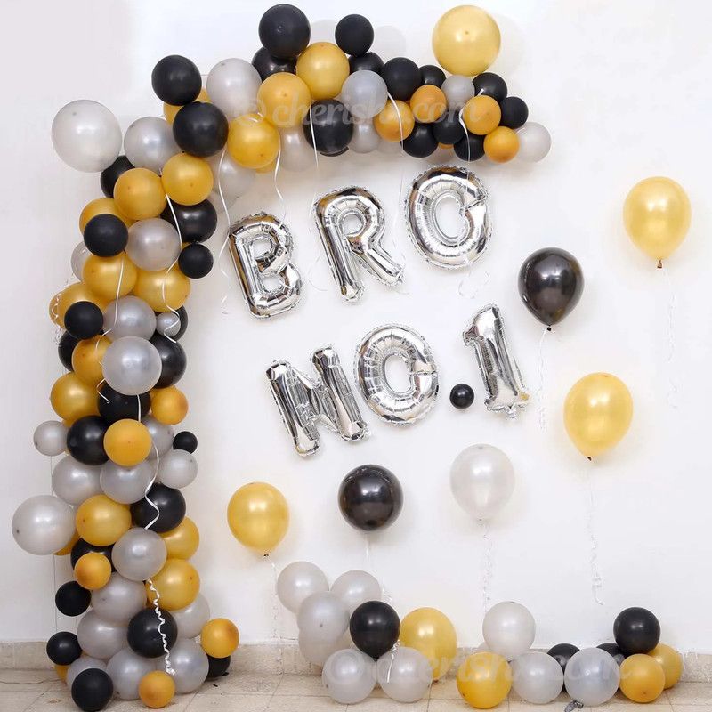 CherishX.com Solid Silver Brother Birthday and rakshabandhan Surprise Letter Balloon Decoration Kit - Combo 67 Pcs - Black and Golden Metallic Balloon Balloon Bouquet  (Multicolor, Pack of 67)