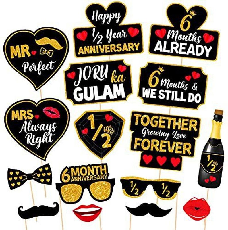 ZYOZI 15 pcs Happy 6 Month Anniversary Photo Booth Party Props DIY Kit for Decoration ,Happy 6 Month Anniversary Decoration Kit/6 Month Anniversary Decoration,Half Year Anniversary Decorations Photo Booth Board  (Party)