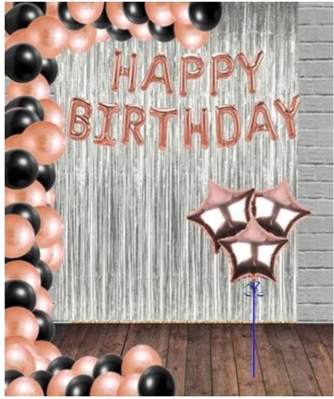 CHM Solid HAPPY BIRTHDAY (ROSE GOLD) FOIL BALLOON SET + 30 HD COLOR BALLOONS (ROSE GOLD + BLACK) + 3 STAR FOIL (ROSE GOLD) Balloon  (Gold, Black, Pack of 46)