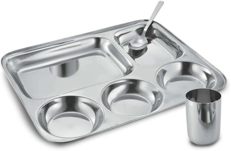 Unicus 5 In 1 Stainless Steel Compartment Plate With Premium Glass And Spoon Sectioned Plate  (Pack of 3)