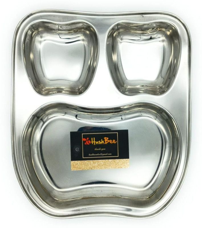 HUSHBEE Apple Shape Stainless Steel Lunch Dinner Plate Bhojan Thali 3 in 1 Round Compartments Kitchen & Dining Set Sectioned Plate