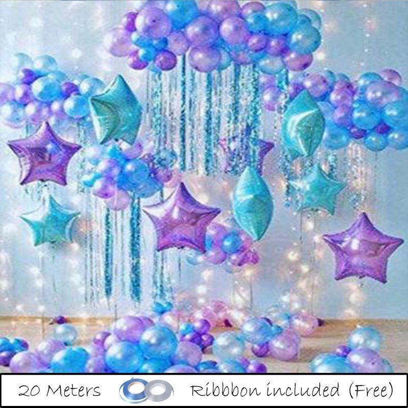 Saikara Collection Solid 60 Blue Purple Pink Metallic Balloon With 3 Blue Star 3 Pink Star for Birthday, Anniversary and Baby Shower Decorations Balloon  (Blue, Pink, Purple, Pack of 66)