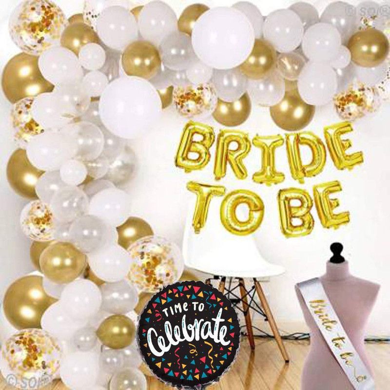 TRISHRA Solid Bride to Be Complete Decoration Combo for Bride Bachelorette Party Decoration Sash Bachelorette Round Foil Balloons Balloon  (Gold, Silver, White, Pack of 52)