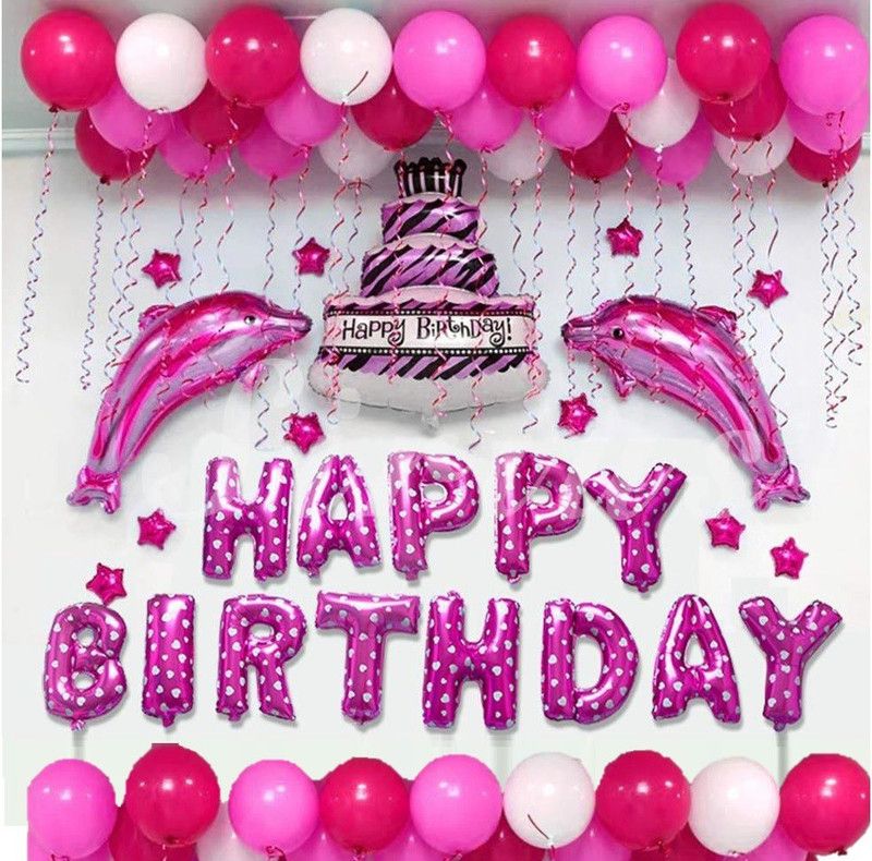 Bash N Splash Solid Happy Birthday Party decoration with Dolphin Balloon Pink With Balloon star balloon (Pack of 75) Letter Balloon  (Pink, White, Pack of 75)