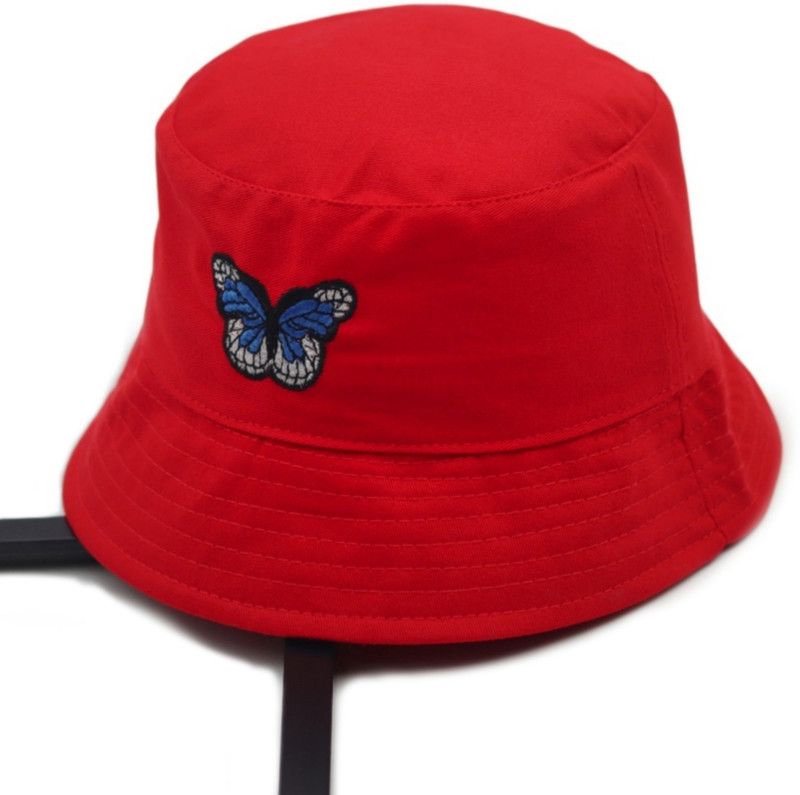 Highever butterfly fashionable embroidered foldable cotton bucket hats for women hat  (Red, Pack of 1)