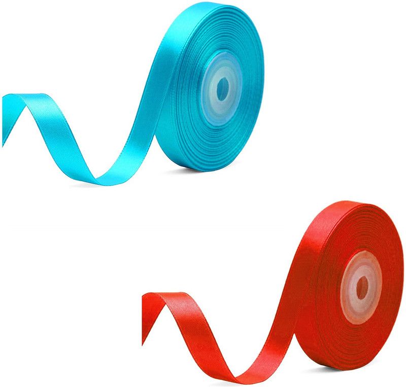Adhvik Pack of 2 (1.2cm X 18 Mtr) Satin Ribbon for Party Decorations (Blue & Red) Multicolor Satin Ribbon  (Pack of 2)