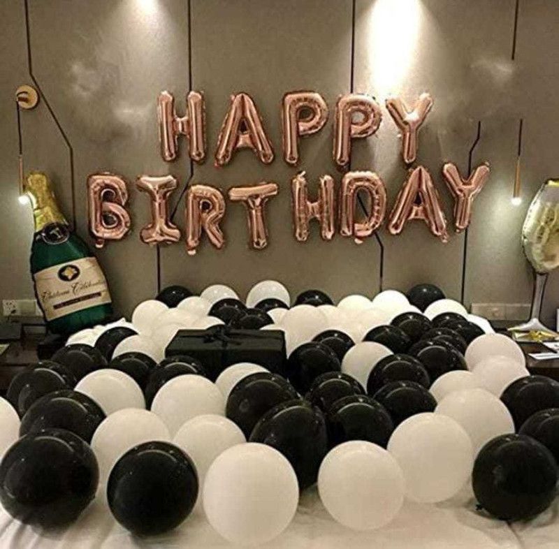 Vijeyanti Enterprises Solid Happy Birthday Letter Foil Balloon WITH Campagne bottle and Glass Foil Balloon + HD Metallic Balloons (Black and White) Birthday Decorations Items Foil Balloon. (Set of 45) Balloon  (White, Black, Pack of 45)