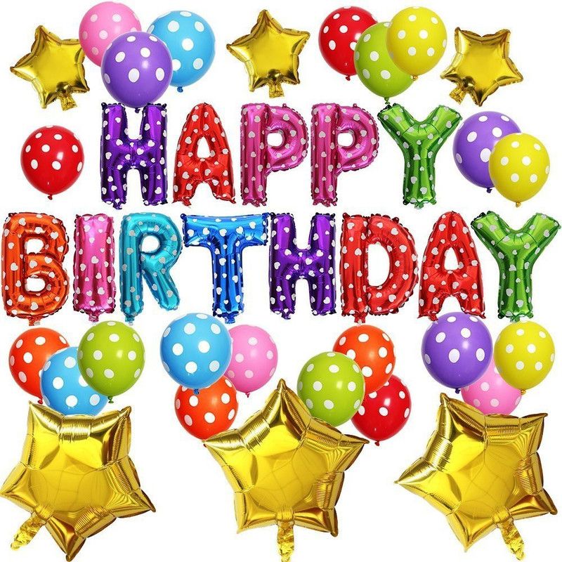 PartyballoonsHK Printed Birthday Party Decorations Set - Colorful Happy Birthday Balloon Letters Banner, 6 pcs Gold Mylar Foil Star,21pcs Colorful Latex Balloons,Perfect Birthday Party Balloon  (Multicolor, Pack of 1)