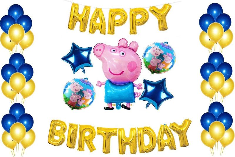 Giftzadda Printed Peppa Pig Party Decoration Combo Pack of 48 Balloon & Happy Birthday Banner | Peppa Pig Foil Balloons (Set of 5) | 30 Blue & Golden Metallic Balloons | 1 Happy Birthday Golden Foil Banner Letter Balloon  (Multicolor, Pack of 48)