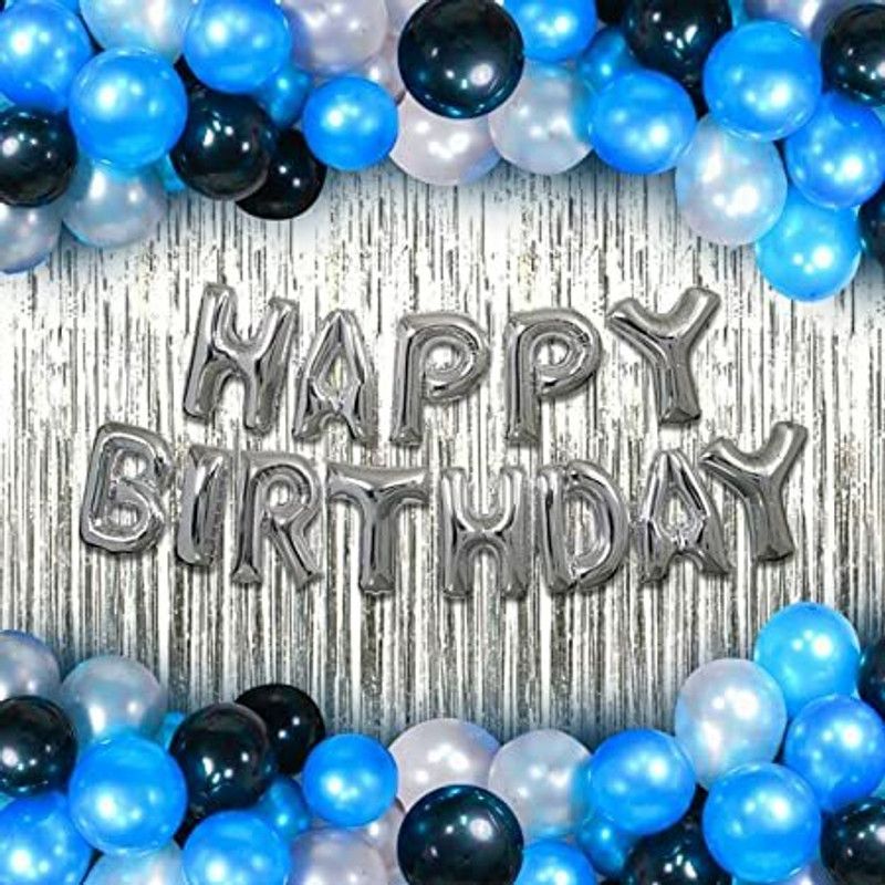 shri shyam Solid Happy Birthday Balloons Decoration Kit Balloon  (Blue, Black, Silver, Pack of 32)