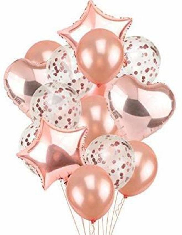 SV Traders Printed Rose Gold Balloons Bouquet for Birthday/Anniversary/Party Decoration (2 Star & 2 Heart Foil Balloons 18 Inches + 5 Pcs RG Confetti Balloons and 6 Pcs RG Metallic Balloons) - Pack of 15 Balloon  (Multicolor, Pack of 15)