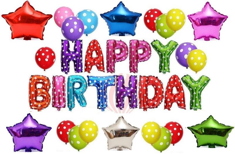 PartyballoonsHK Printed Birthday Party Decorations Set - Colorful Happy Birthday Balloon Letters Banner, 6 pcs Multi color Mylar Foil Star,21pcs Colorful Latex Balloons,Perfect Birthday Party Balloon  (Multicolor, Pack of 1)