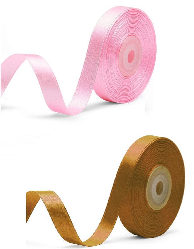 Adhvik Pack of 2 (1.2cm X 18 Mtr) Satin Ribbon for Parties Decoration (Brown & Pink) Multicolor Satin Ribbon  (Pack of 2)
