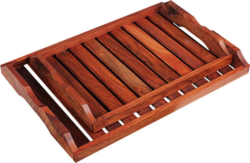 Karigar Creations Wooden Brown Serving Tray|Coffee Table Tray | Decorator Tray | Service Tray | Wooden Tray | Candle Tray (Pack Of 2) Tray  (Pack of 2)