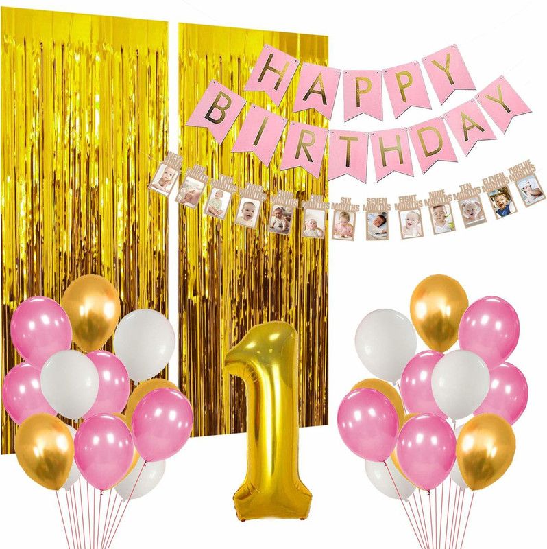 Miss & Chief Solid First Birthday Decoration Items For Girls with 1-12 Month Milestone Banner Number 1 Foil Balloon Foil Curtain with Pink Banner Set 35Pcs for Girls Kids Party Celebration Balloon  (Multicolor, Pack of 35)