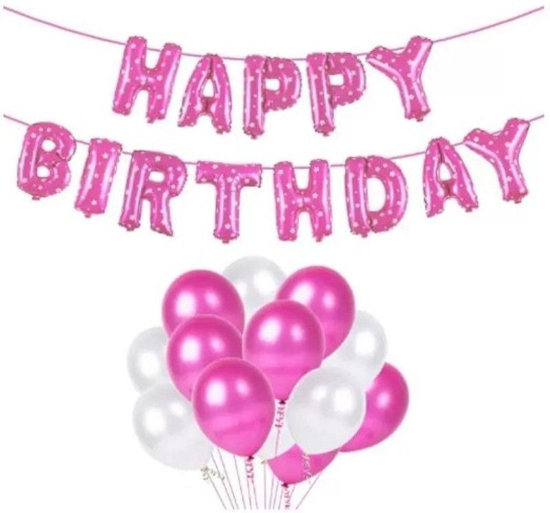 GSV Solid Happy Birthday pink foil balloons letter 13 pcs 50 pcs balloons of light pink and white hd color set of 63 pcs Balloon  (White, Pink, Pack of 63)