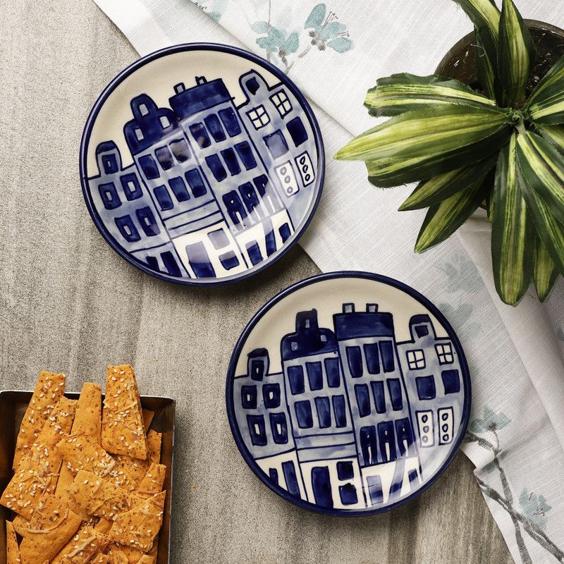THE DECOR MART City in Blue Quarter Plate Quarter Plate  (Pack of 2, Microwave Safe)