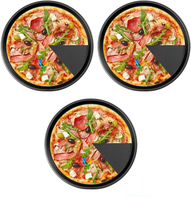 Ezzideals New Round Dish Deep Pizza Pan Non-stick Pie Tray Baking Kitchen Tool Carbon Steel Pizza Tray  (Pack of 3, Microwave Safe)