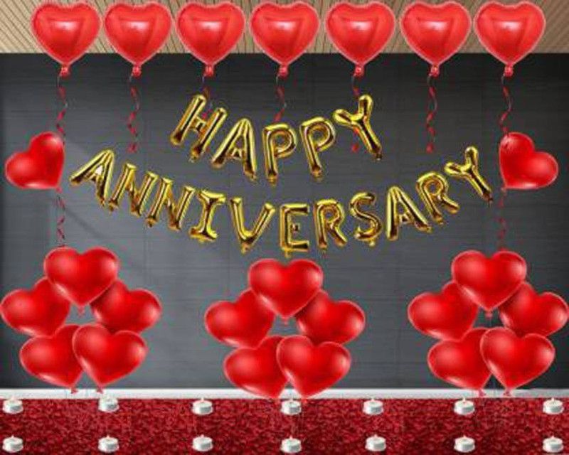 Gaurik Solid Happy Anniversary Foil with 30 HD Latex Balloon Heart Decoration Kit Letter Balloon FOR ANNIVERSARY DECORATION Balloon  (Gold, Red, Pack of 46)