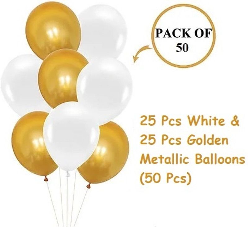 Om Sales Solid Gold & white Metallic Balloons Combo for party & Decoration Balloon  (Gold, White, Pack of 50)
