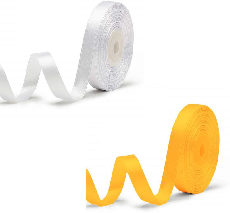 Adhvik Pack of 2 (1.2cm X 18 Mtr) Satin Ribbon for Party Decorations (White & yellow) Multicolor Satin Ribbon  (Pack of 2)