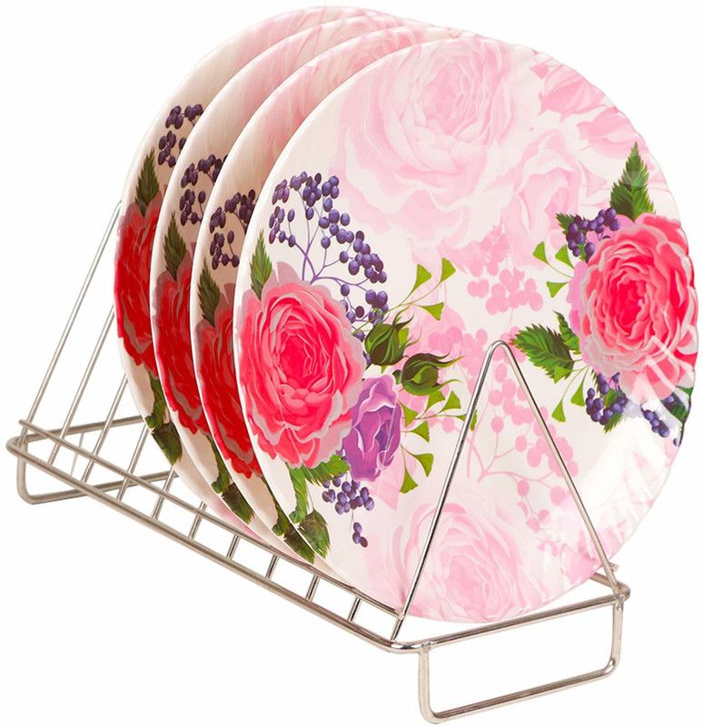 Golden Fish Unbreakable Lightweighted Melamine Round Full Size Floral Printed (11 Inch) Dinner Plates (Set of 4) Chip & Dip Tray  (Pack of 4)