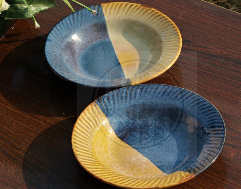 edgen Ceramic Pasta/Noodles/Shorba ,7.5 Inch ,Set of 2 (GOLDEN & BLUE FINISH) Rice Plates  (Pack of 2, Microwave Safe)